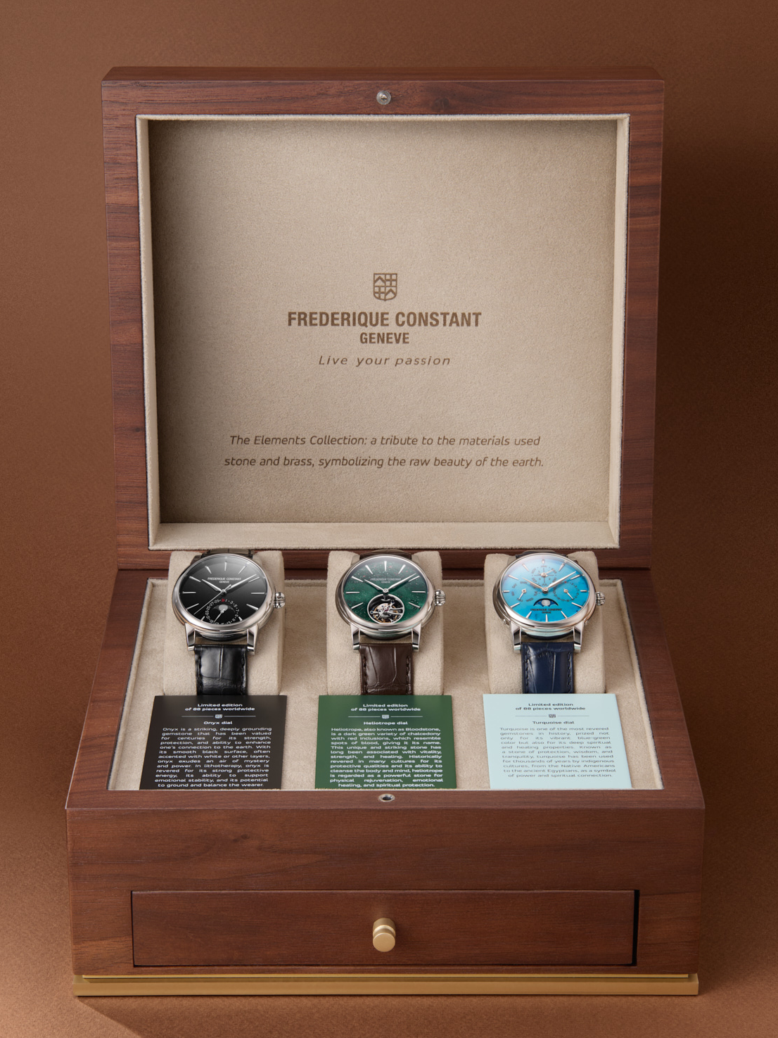 Three Frederique Constant Classic watches with black onyx, green and red heliotrope and light blue turquoise stone dials presented in their collector's box